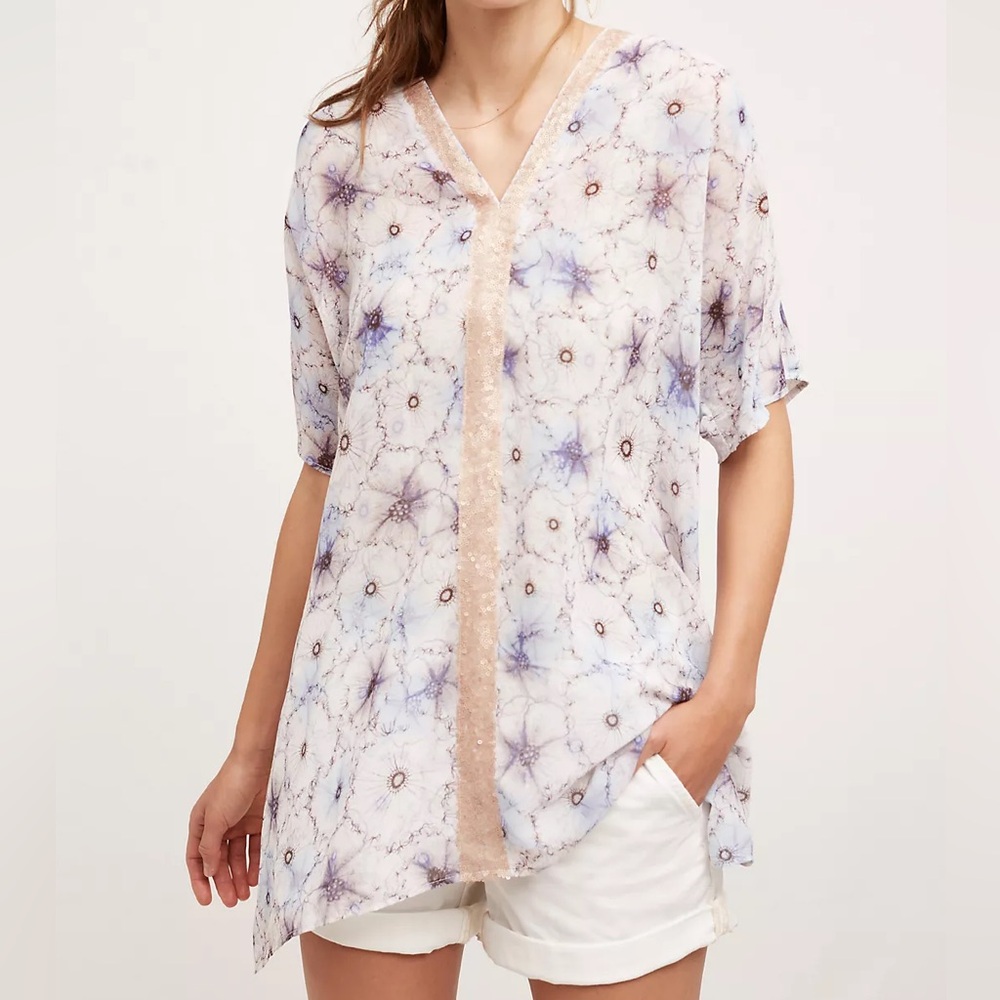 Anthropologie One September Lyla Sheer Floral Tunic Top Oversized S